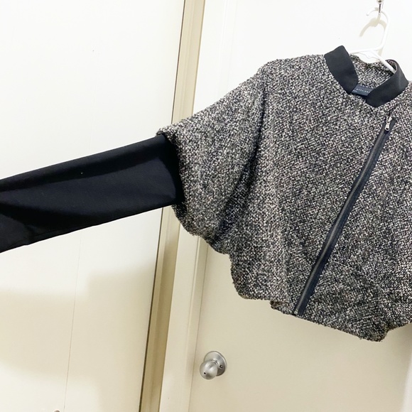 Zara Batwing Convertible Tweed Jacket Mandarin Collar or Lapels Grey Black M - Picture 11 of 16